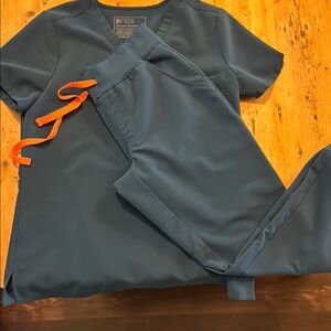 Figs Blue Scrub Set with Orange Accents